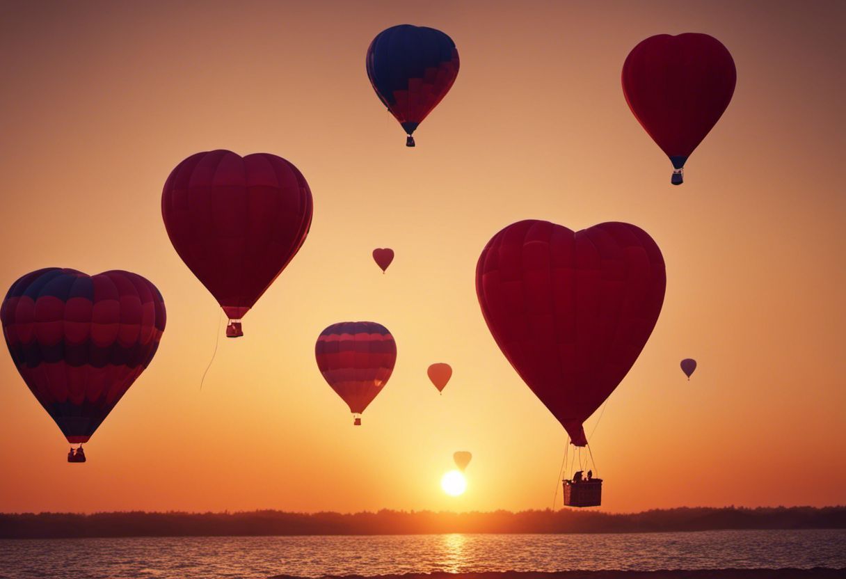 Montgolfières en forme de coeur flottant au-dessus d'un magnifique coucher de soleil